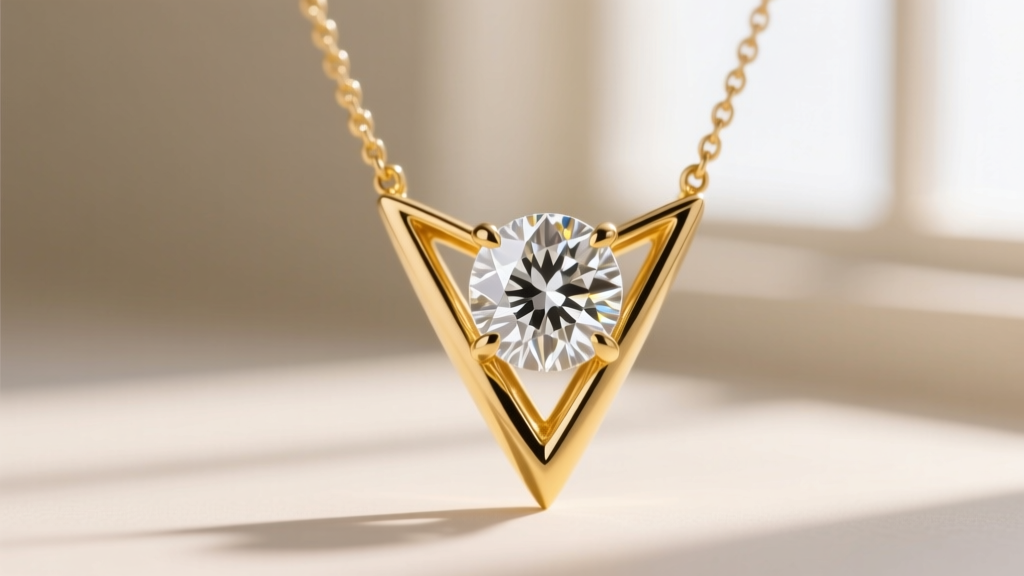 Extreme close-up of a V-prong setting protecting the sharp corner of a princess-cut diamond in a yellow gold necklace pendant mount