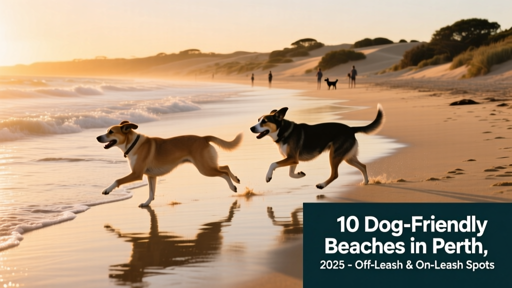 Two energetic dogs running side-by-side along the wet sand at Trigg Beach at sunset, with gentle waves rolling in