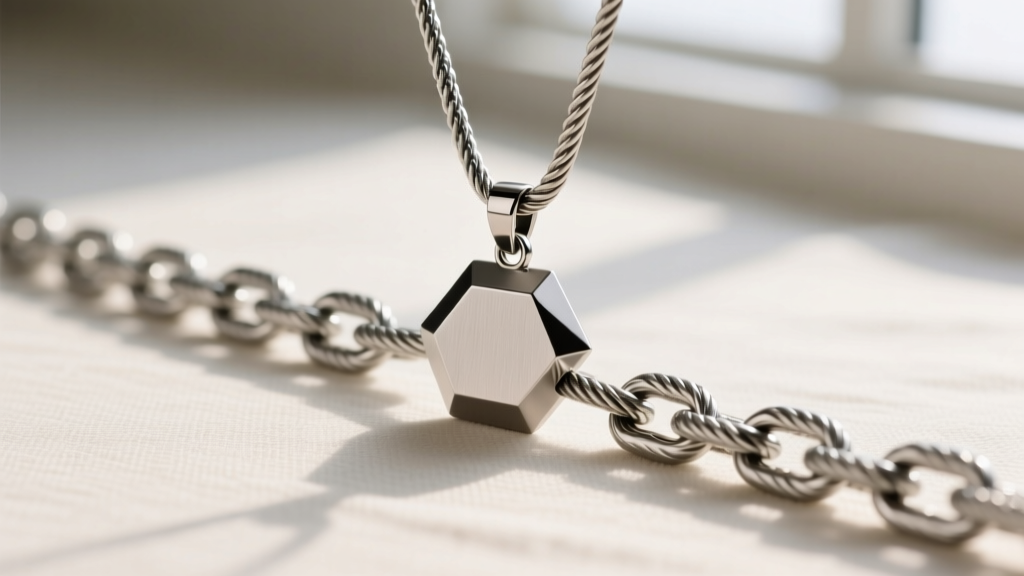 Macro shot of a 20.0 inches stainless steel rope chain featuring a brushed titanium geometric pendant with secure threaded bail