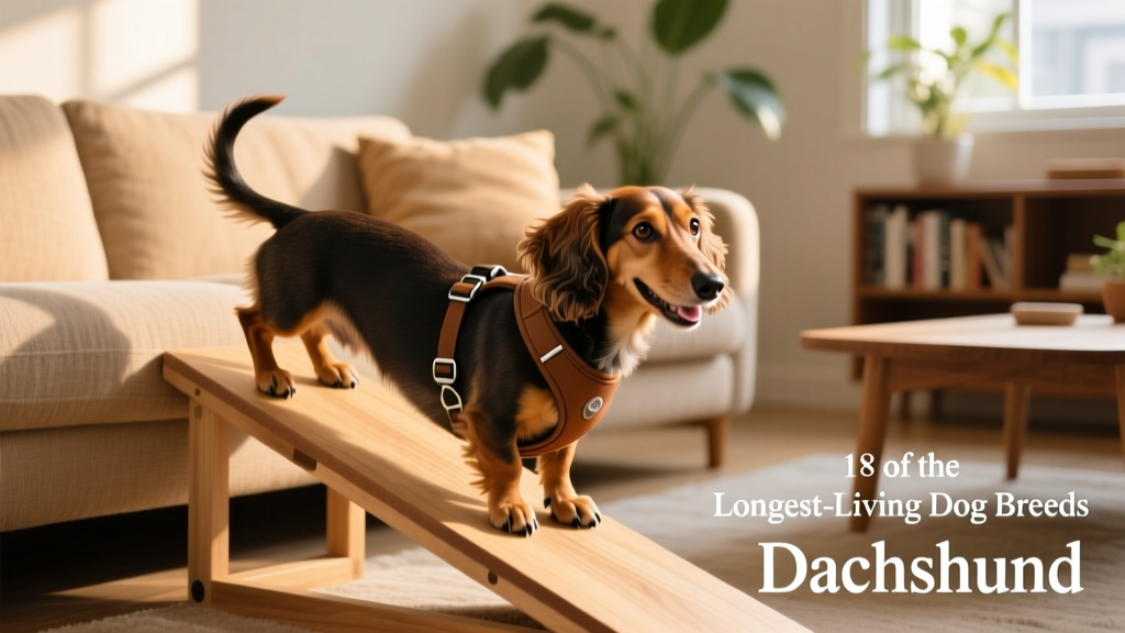 A happy Dachshund comfortably using a low-rise pet ramp to access a sofa, with a harness visible on their body