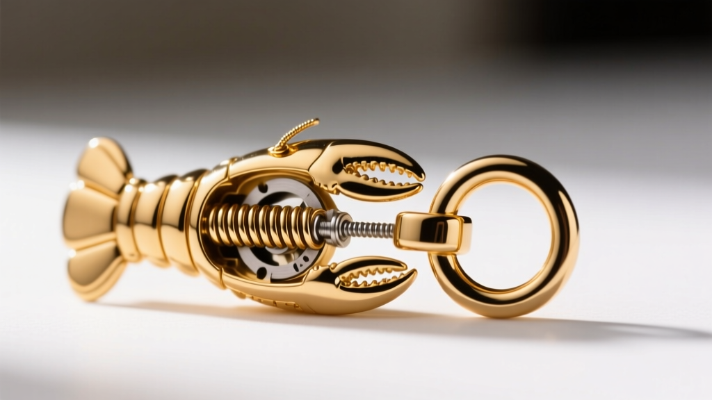 Macro view of a gold lobster clasp, revealing the tiny internal steel spring mechanism and a soldered jump ring attachment point.