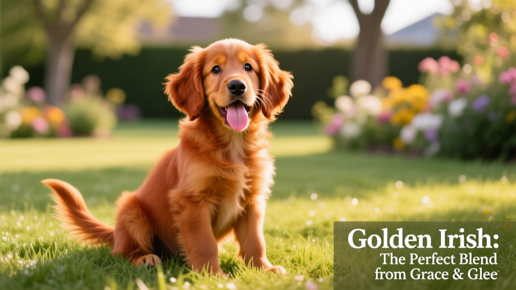 A smiling, energetic Golden Irish puppy sitting on a grassy lawn, tongue out and tail wagging