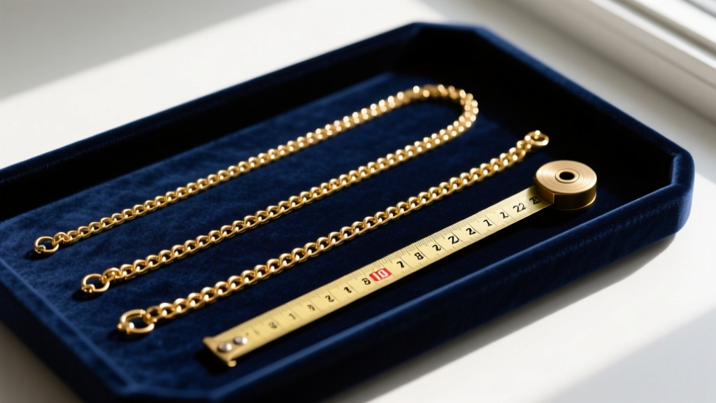 Flat lay of three gold chains measuring 16, 18, and 22 inches, arranged on a dark velvet tray beside a small brass measuring tape