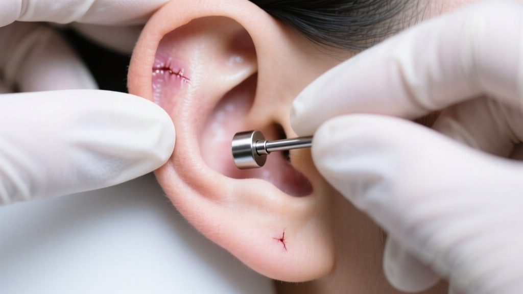 Sterile titanium labret stud carefully inserted into a healed earlobe piercing by hands wearing clean, powder-free nitrile gloves