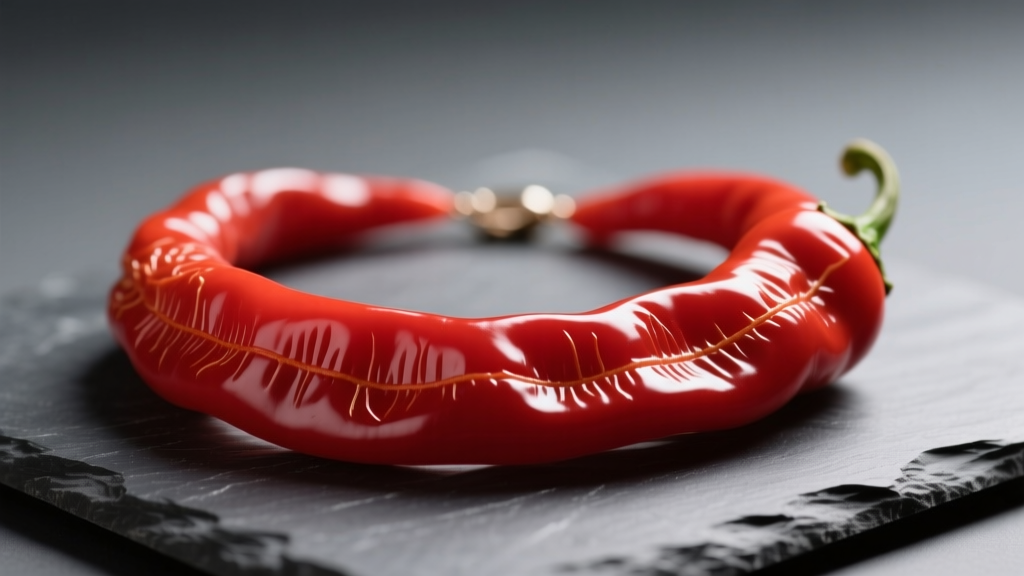 Macro shot of a crimson coral Italian red pepper necklace resting on dark slate under soft, directional studio lighting.