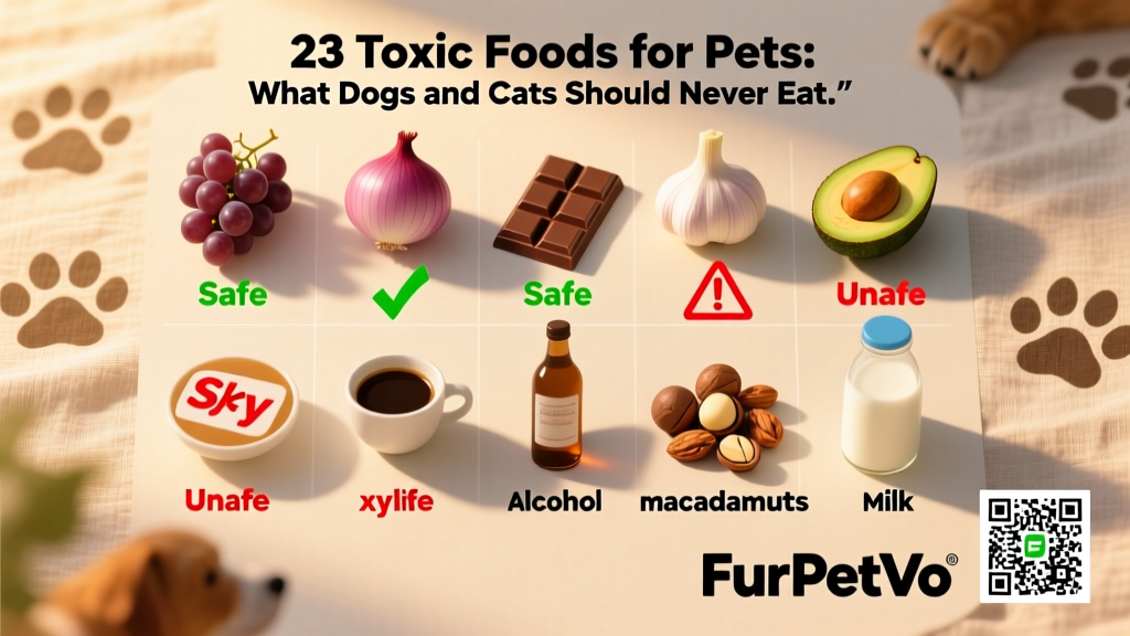 Infographic-style illustration showing 10 common household foods labeled 'safe' or 'unsafe' for pets, with FurPetVo logo and QR code linking to full toxic food database