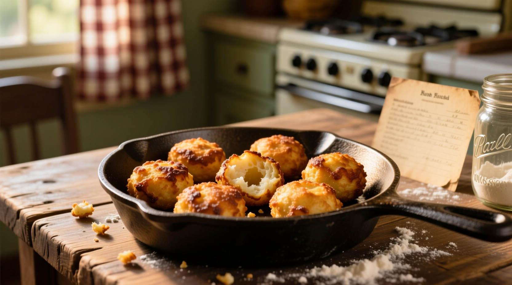 Golden brown hush puppies served in a cast iron skillet