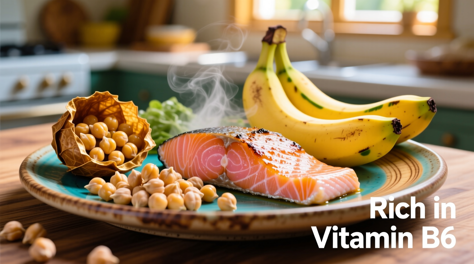 Colorful plate of vitamin B6 rich foods including chickpeas, salmon, and bananas