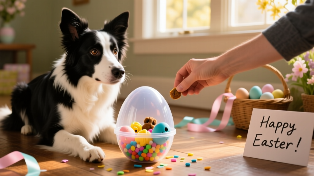 A border collie sitting calmly beside a partially opened plastic egg, looking up at their owner with a treat in view