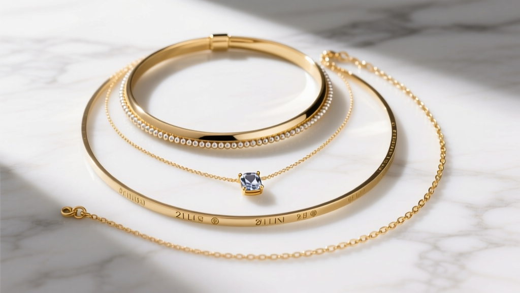 Flat lay of a layered necklace set on white marble, featuring a choker, a pendant chain, and a 24-inch delicate gold charm chain.