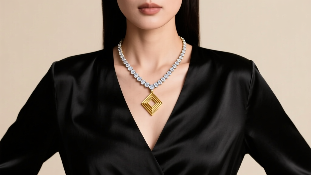 Model wearing a 16-inch diamond rivière and 20-inch gold pendant over a black silk V-neck blouse under soft studio lighting