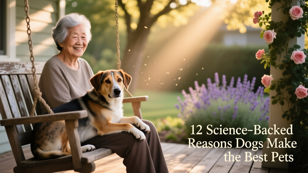 An older adult smiling warmly while sitting beside a gentle, medium-sized mixed-breed dog on a porch swing