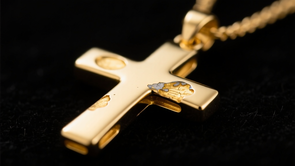 Macro shot of a luxury cross pendant showing gold plating wear on the back, revealing the raw yellow brass base metal underneath.