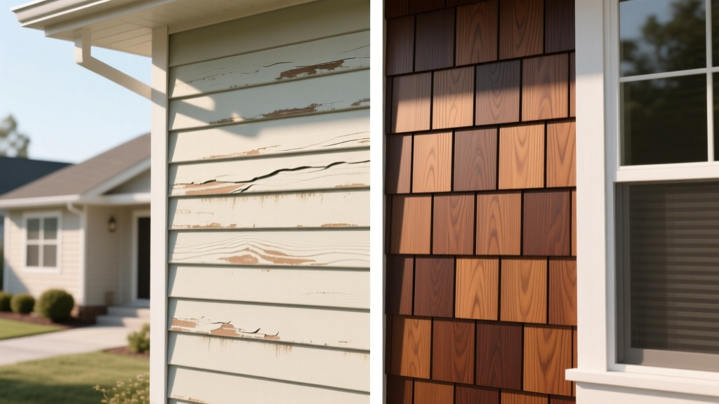 Exterior view comparing faded builder-grade vinyl siding on the left with premium engineered wood lap siding on the right