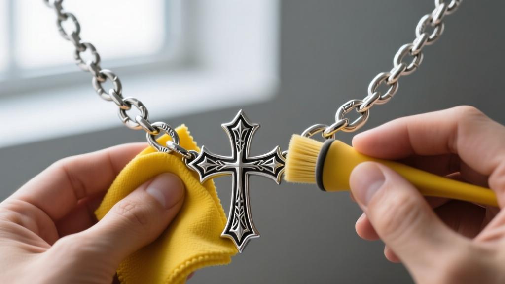 Hands using a yellow polishing cloth to gently buff the raised edges of a heavy sterling silver gothic cross necklace chain link.