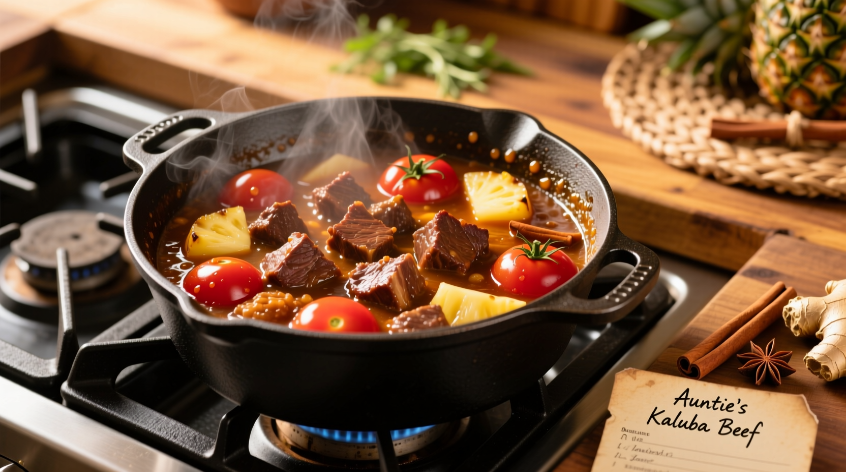 Hawaiian beef tomato recipe simmering in cast iron pot