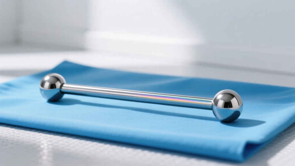 A 14-gauge titanium straight barbell with polished spherical ends resting on a sterile blue medical drape in bright light.