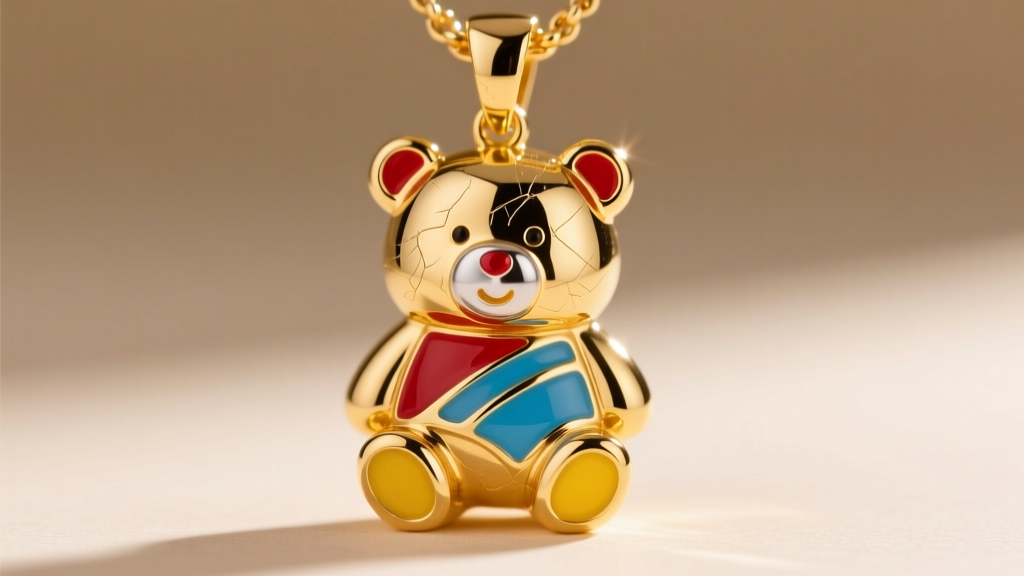 Macro shot of a gold vermeil Care Bear pendant with bright epoxy enamel, showing thick gold plating over sterling silver.
