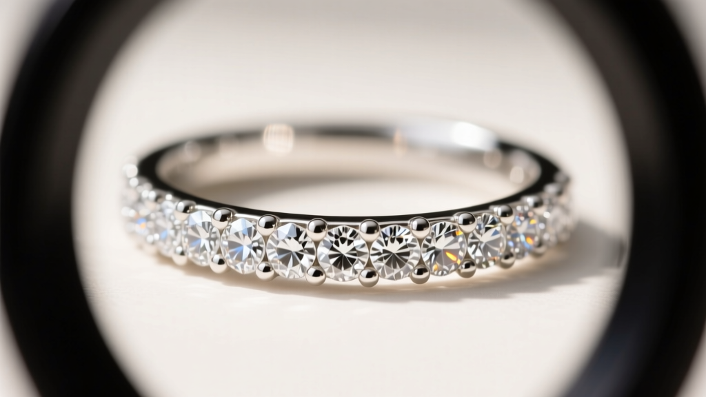 Macro view of a 14k white gold micro-pavé setting under a loupe, showing tiny metal beads securing VVS diamonds clearly.