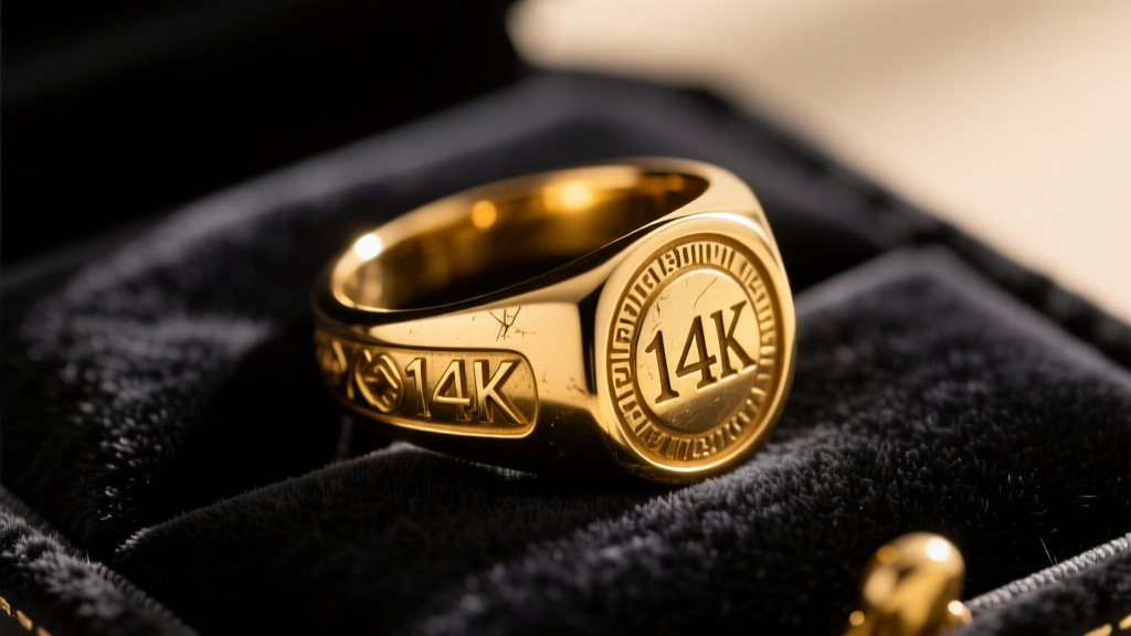 Close-up of a vintage 14k gold signet ring on dark velvet, illuminated by warm light to show hallmark engravings and soft patina.