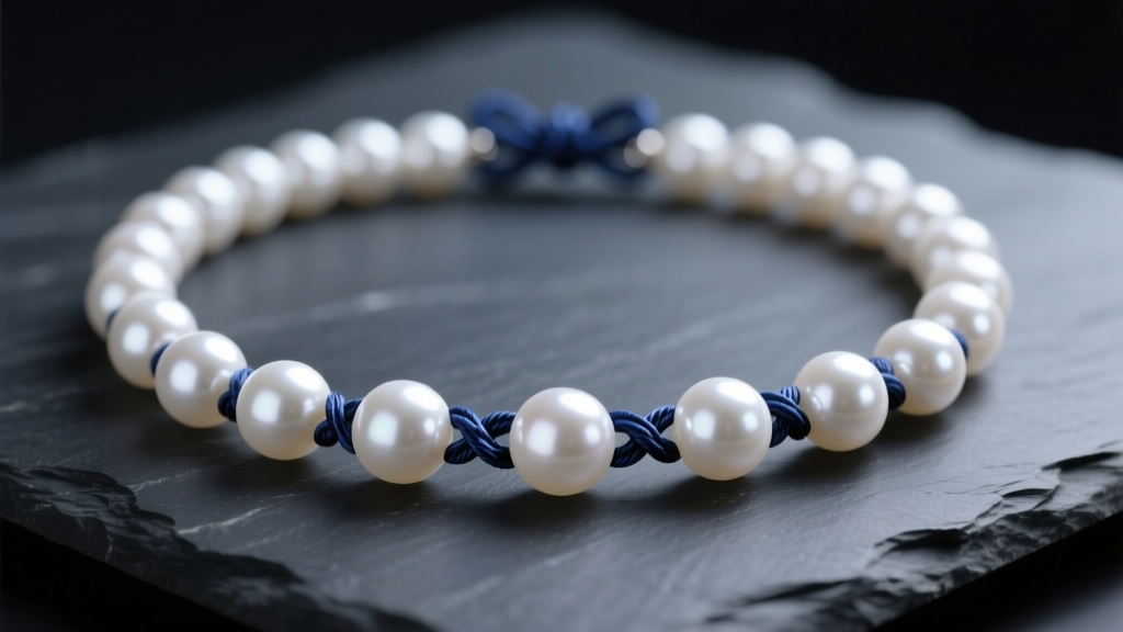 Close-up of a white Akoya pearl knot necklace on dark slate, highlighting the tiny silk knots between each perfectly round pearl