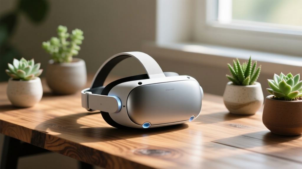 Close-up of a modern VR headset resting on a desk made of reclaimed wood, surrounded by small potted succulents and natural sunlight.