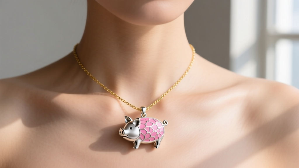 Sterling silver pig pendant with pink guilloché enamel, layered with a delicate 1.2mm gold cable chain on a model collarbone