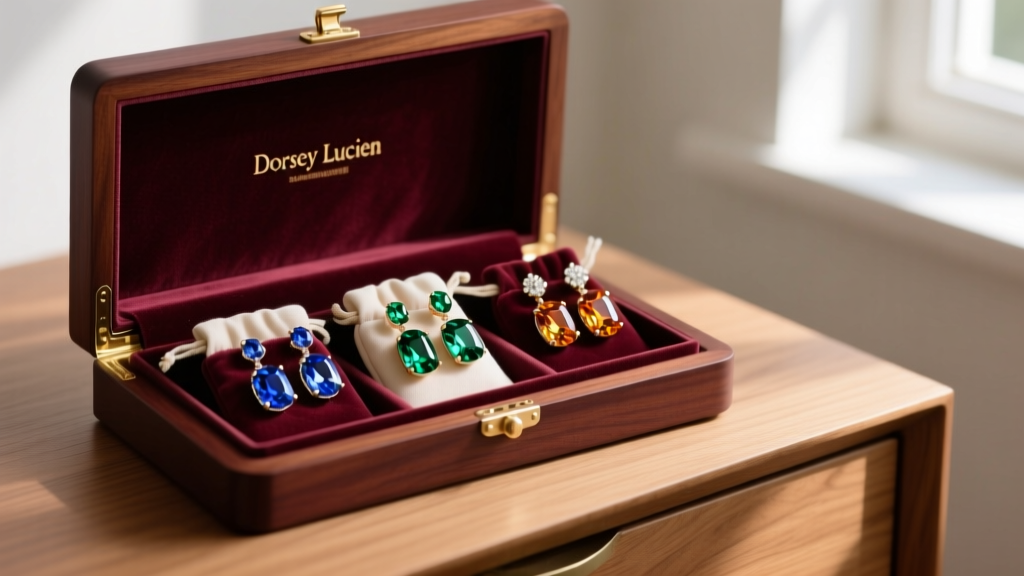 Dorsey Lucien gemstone earrings stored separately in soft microfiber pouches inside a velvet-lined wooden jewelry box on a dresser.