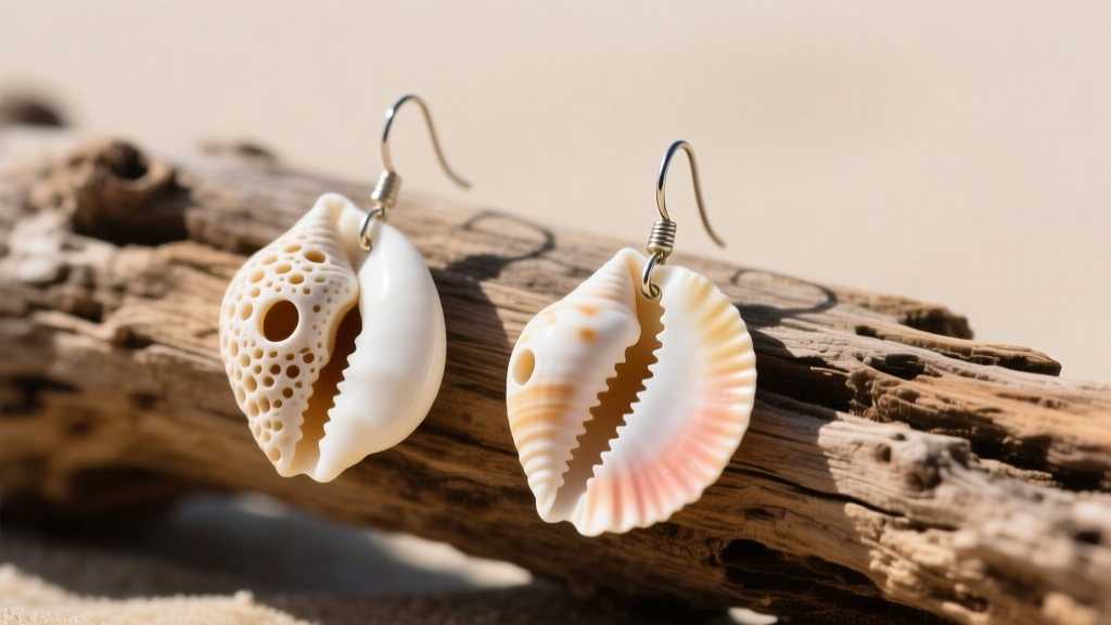 Macro shot of genuine puka shell earrings on driftwood, highlighting natural asymmetry, off-center holes, and sun-bleached edges.