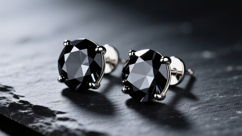 Macro shot of faceted black spinel stud earrings on dark slate, highlighting intense sparkle and rhodium prongs in studio light.