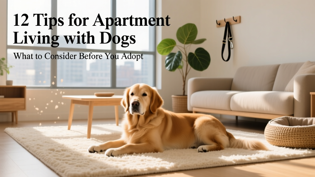 A calm, well-adjusted dog resting comfortably on a cozy rug in a sunlit apartment living room
