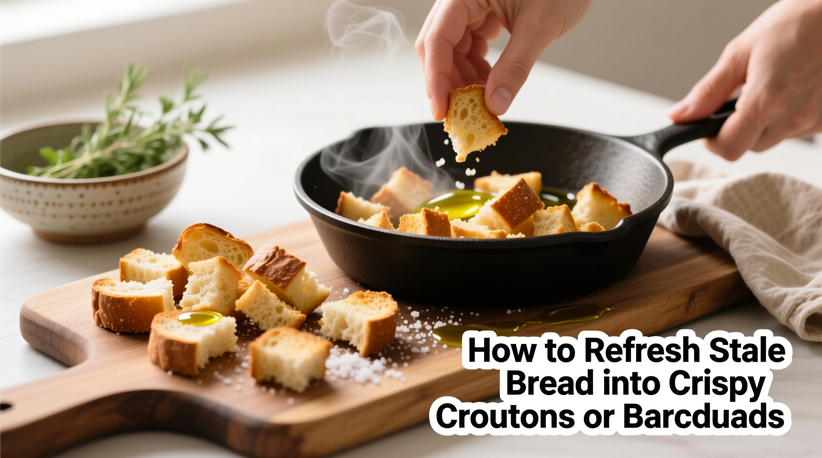 how to refresh stale bread into crispy croutons or breadcrumbs at home