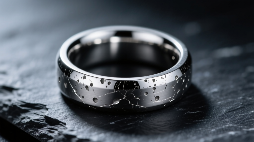 Macro shot of a scratched 304 stainless steel ring showing surface pitting on a dark slate background with dramatic side lighting.