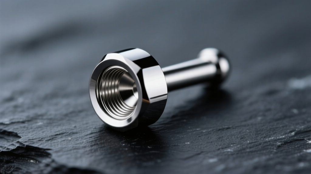Macro of polished ASTM F136 titanium labret stud showing flawless reflective surface and threading on dark slate.