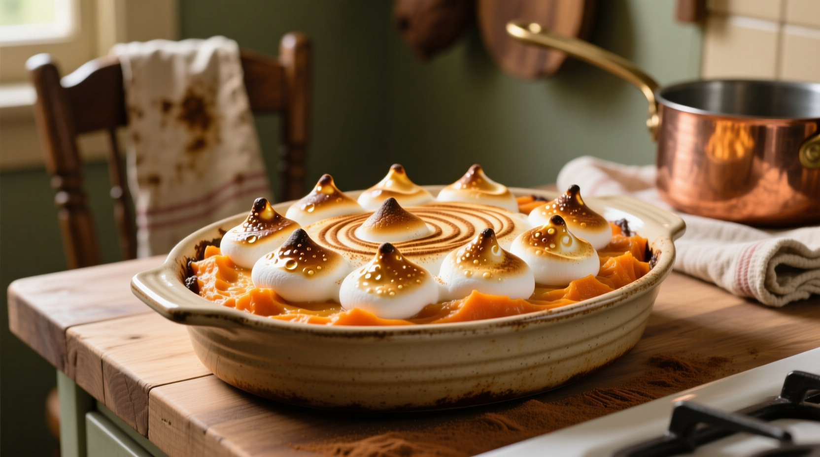 Golden-brown marshmallow sweet potato casserole in baking dish