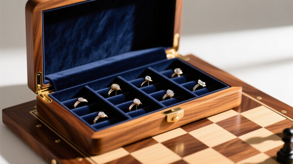 Open walnut chess board jewelry holder revealing a navy anti-tarnish velvet interior with ring rolls and earring posts