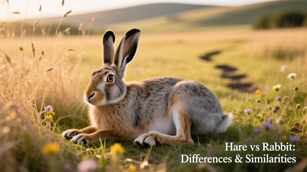 A wild hare resting in a grassy field, partially camouflaged by its surroundings