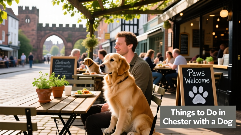 A dog sitting calmly beside their owner at an outdoor table at a bustling, dog-friendly restaurant in Chester.