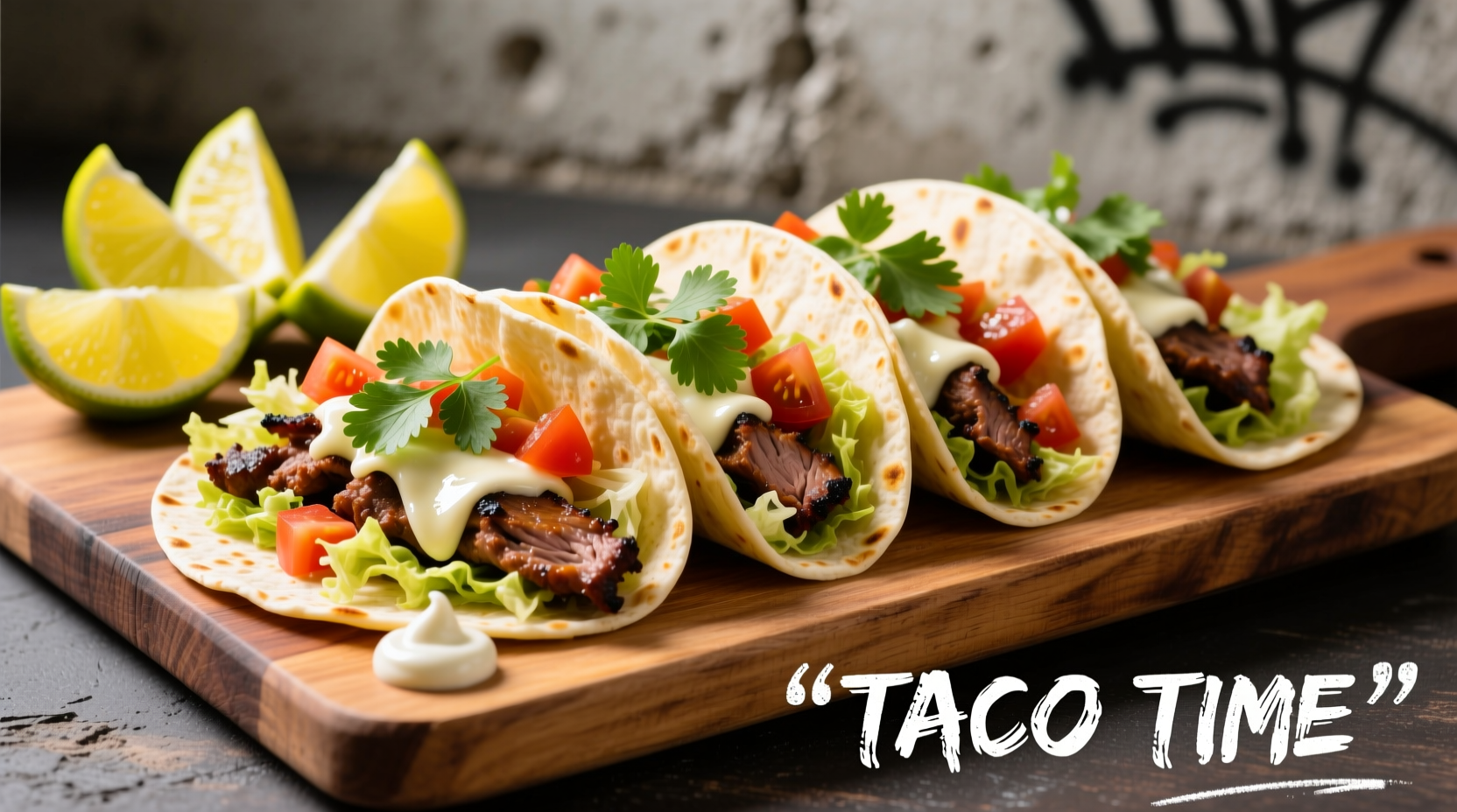 Freshly assembled street-style tacos with cilantro and lime wedges