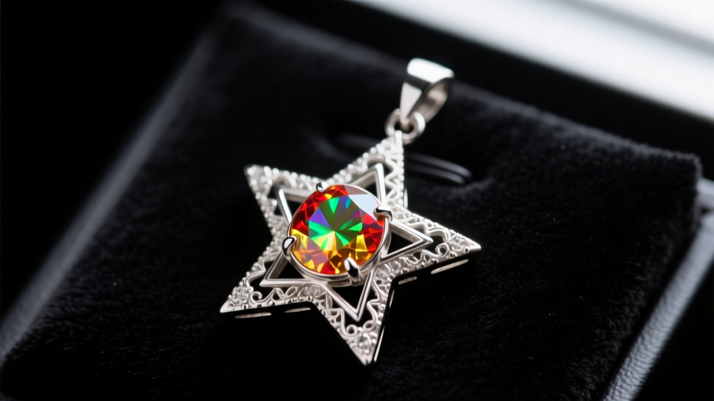 Close-up of a delicate sterling silver star-shaped pendant featuring a vibrant lab-created fire opal on a dark velvet display pad.