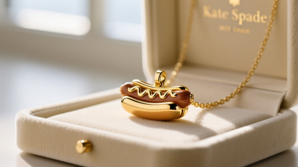 Macro photography of a gold-plated Kate Spade hot dog necklace pendant resting on a soft cream velvet jewelry display tray