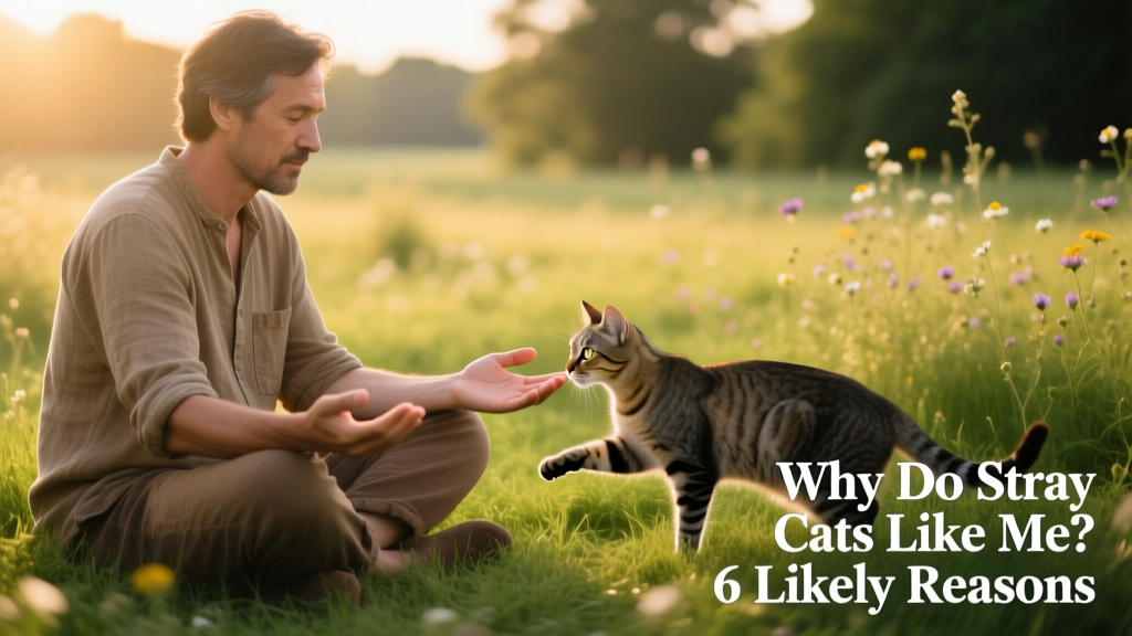 A person sitting cross-legged on grass, calmly offering an open palm while a cautious stray cat sniffs their hand