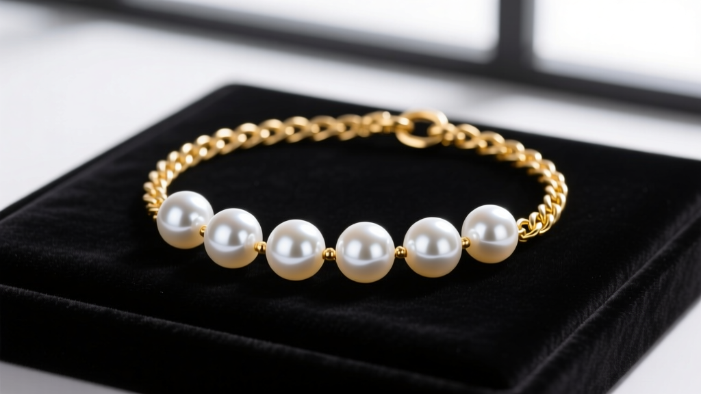 14k yellow gold chain featuring five matched 8mm white Akoya pearls spaced evenly, resting on a dark velvet display pad