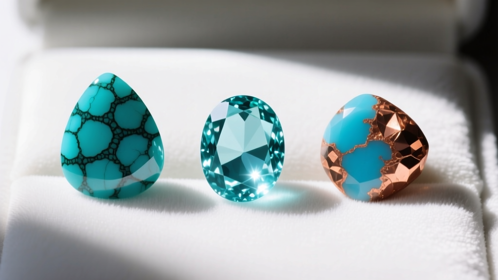 Macro view of three turquoise cabochons: webbed Kingman, clear Sleeping Beauty, and copper Mojave stones on a white velvet pad.