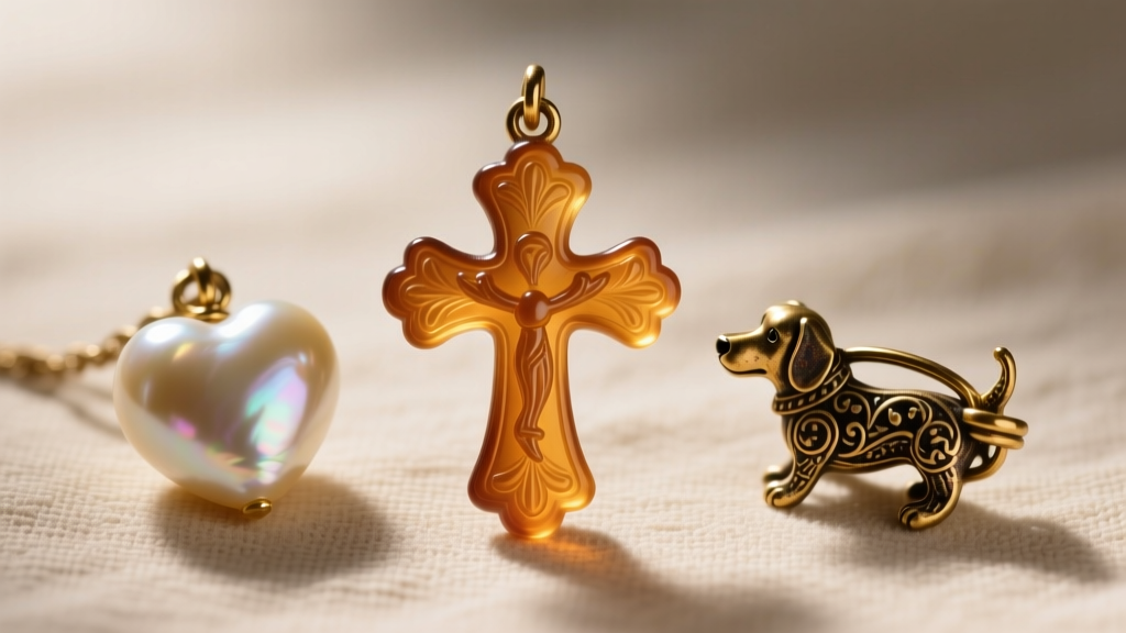 Macro shot of three Victorian charms: a gutta-percha cross, a seed pearl heart, and an antique 15k gold swivel dog clip clasp.