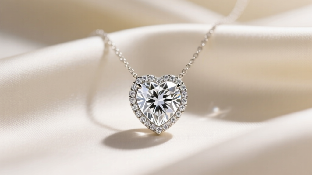 Minimalist bezel-set diamond heart necklace on cream silk, soft window lighting highlighting the brilliant stone facets.
