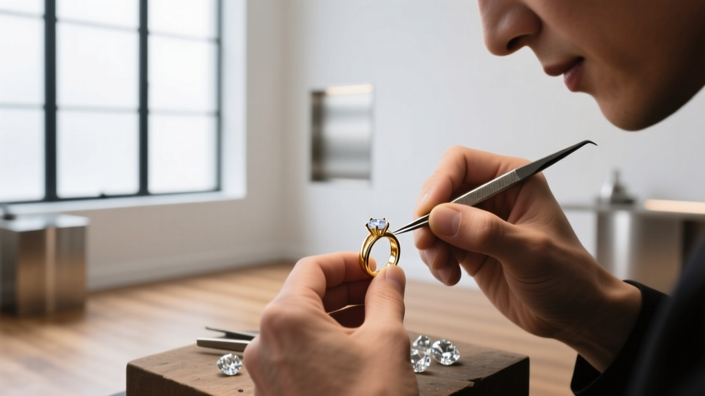 Jeweler's loupe examining the hallmark stamp on a silver Art Deco reproduction earring post under a bright LED desk lamp