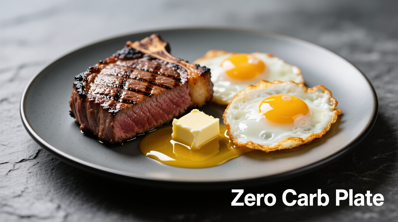 Zero carb foods plate with steak, eggs, and butter