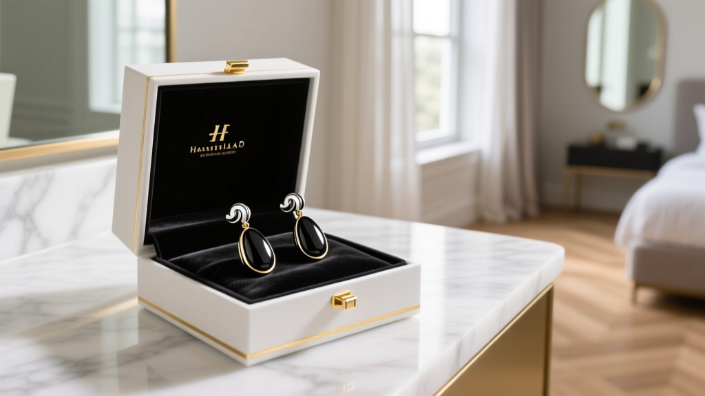 Luxury gift box opened on a marble vanity revealing a pair of sleek black onyx drop earrings that double as wireless headphones.