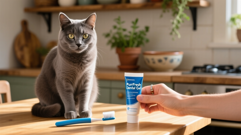 A calm cat sitting beside a person’s hand holding a small cat toothbrush and tube of feline toothpaste